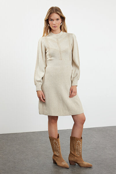 Beige Lace Mini Knit Dress - Feminine & Elegant