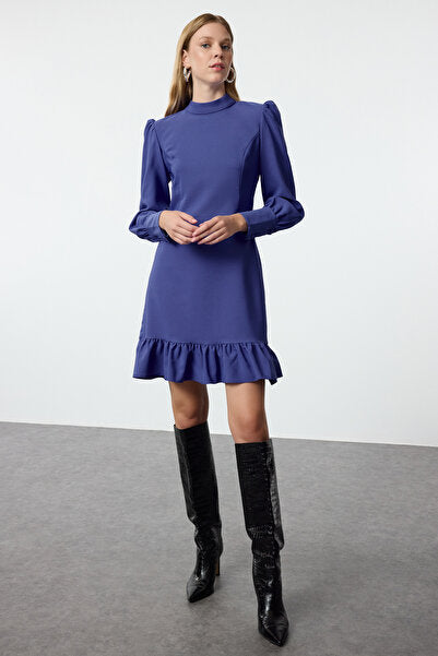 Indigo A-Line Mini Dress with Stand Collar - Deep Blue & Modest