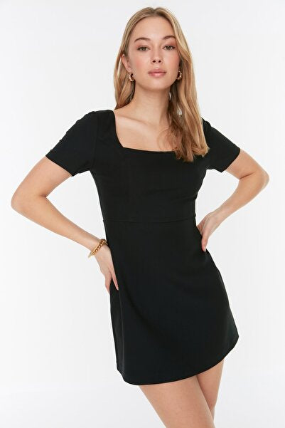 Black Square Collar Super Mini Dress - Modern & Bold