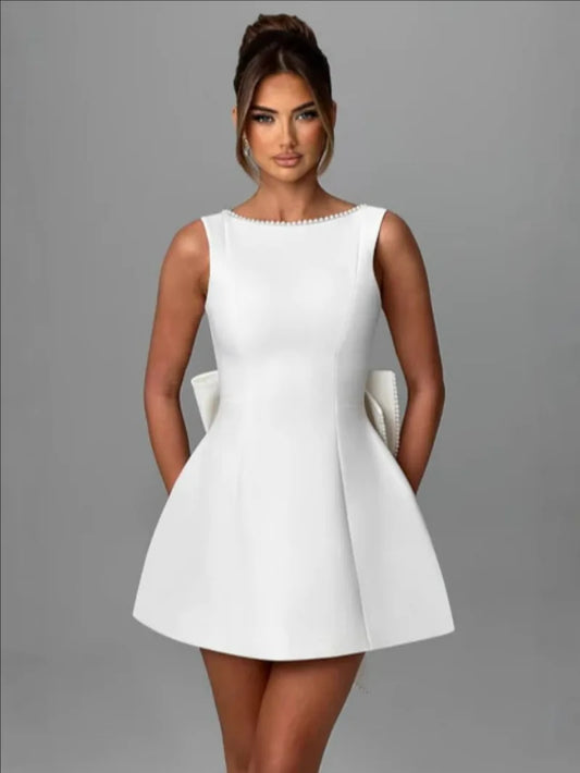 Elegant Pearl Bow Backless Mini Dress - White