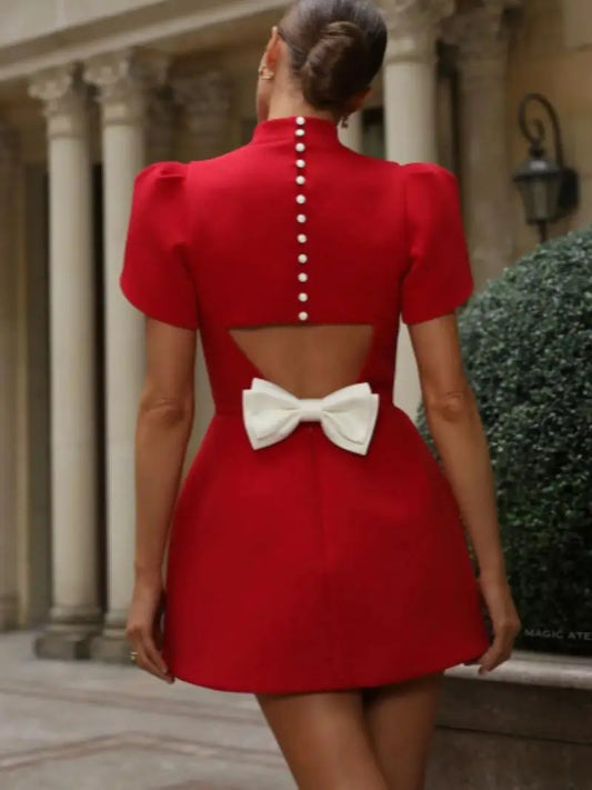 Chic Bow Accented Mini Dress - Red