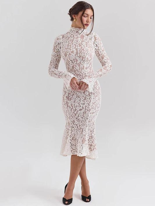 White Lace Bodycon Midi Dress