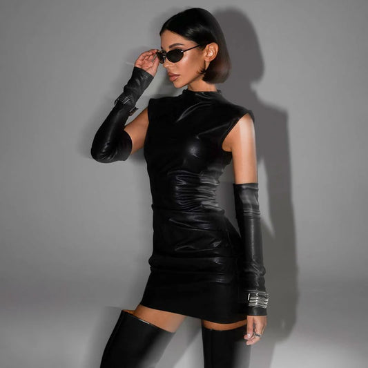 Edgy Elegance Leather Mini Dress - Black