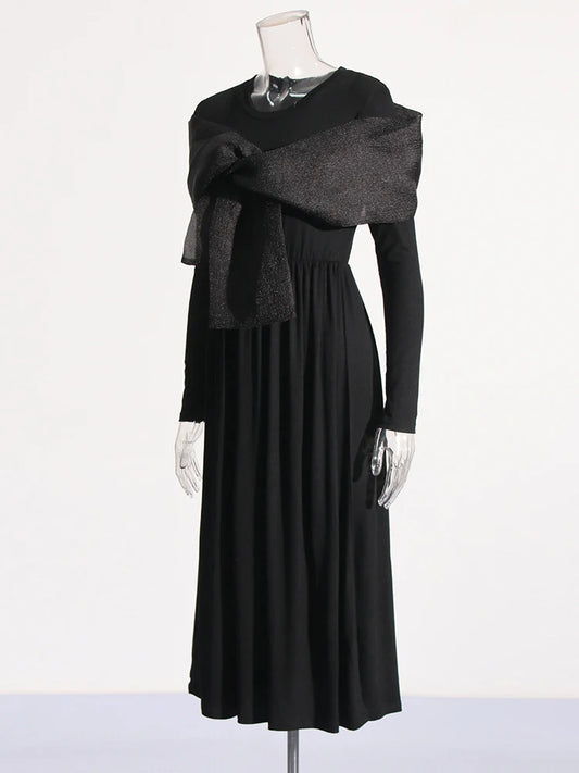 Elegant Bowknot Patchwork Maxi Dress - Black