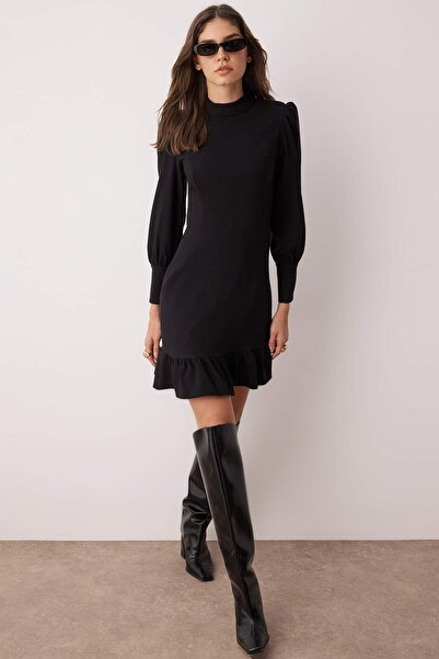 Black A-Line Mini Dress with Stand Collar - Timeless Style