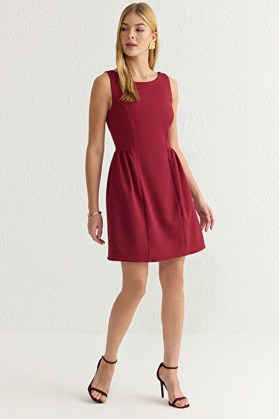Burgundy A-Line Mini Dress with Volume Skirt - Rich & Dramatic