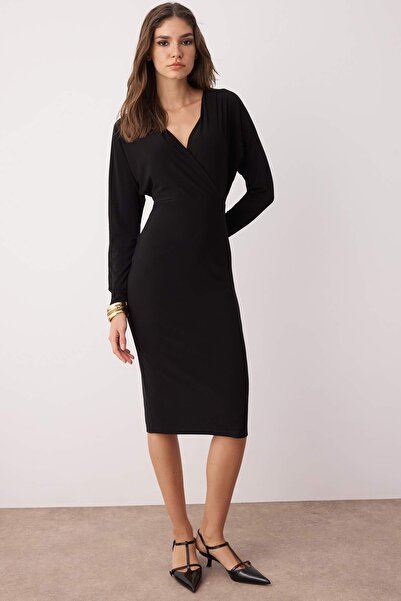 Black Bodycon Knit Dress with Bat Sleeves - Dramatic & Fitted