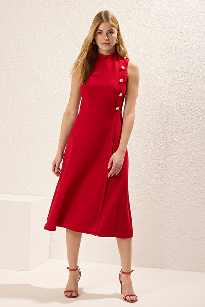 Red Midi Dress with Button & Waist Detail - Statement & Elegant