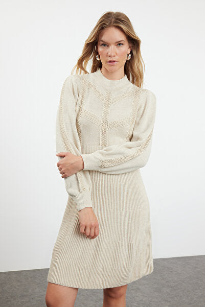Beige Lace Mini Knit Dress - Feminine & Elegant