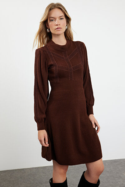 Brown Lace Mini Knit Dress - Earthy & Feminine