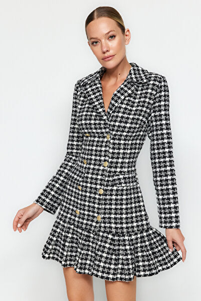 Black Tweed Mini Dress with Flounced Skirt - Textured & Feminine