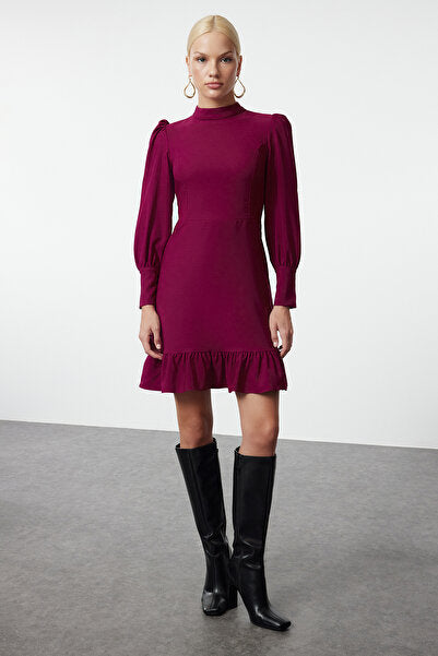 Purple A-Line Mini Dress with Stand Collar - Rich & Modest