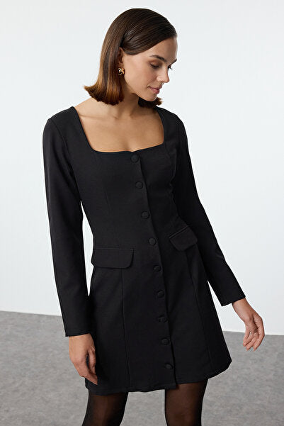 Black Pocket-Detail Jacket Mini Dress