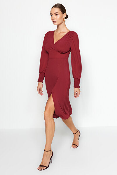 Burgundy Midi Dress with Detailed Bodice - Structured & Sexy