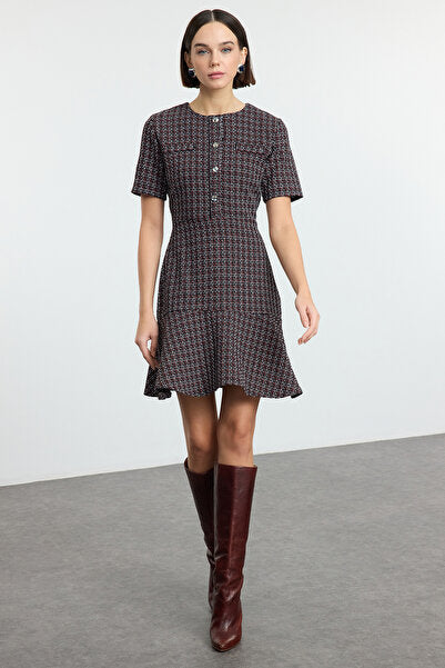 Black Tweed Mini Dress with Waist Detail - Textured & Casual