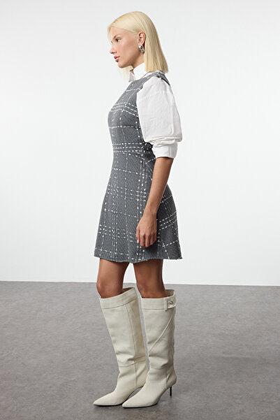 Gray Plaid Mini Dress - Neutral & Patterned