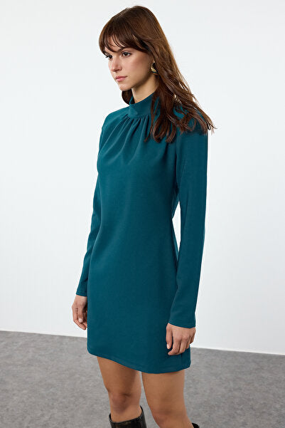 Petrol Blue A-Line Mini Dress with Stand Collar - Unique & Structured