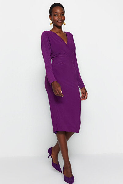 Purple Bodycon Knit Dress with Bat Sleeves - Dramatic & Fitted