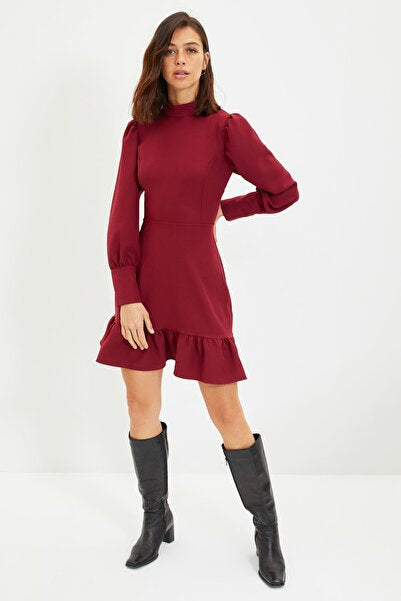 Burgundy High Collar A-Line Dress - Rich & Modest