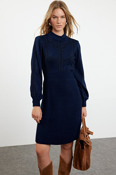Navy Lace Mini Knit Dress - Nautical & Feminine