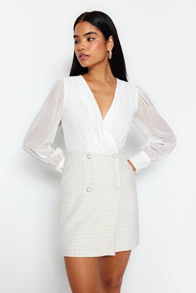 Ecru Double-Breasted V-Neck Mini Dress