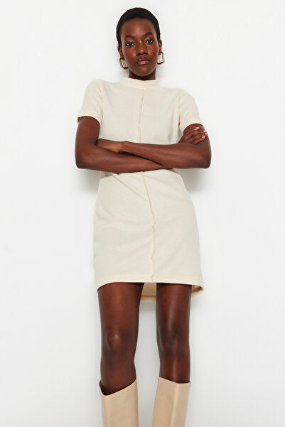 Beige A-Line Knit Dress - Comfortable & Elegant