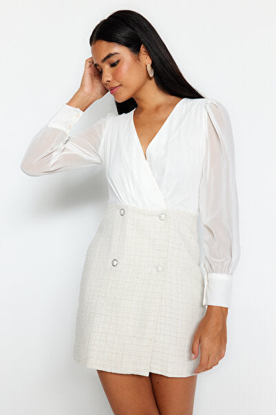 Ecru Double-Breasted V-Neck Mini Dress