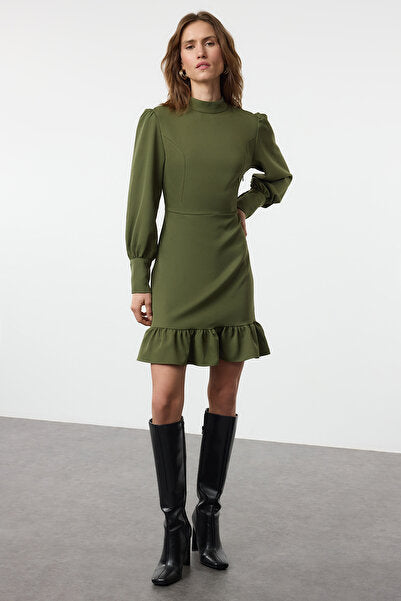 Khaki A-Line Mini Dress with Stand Collar - Utility Chic