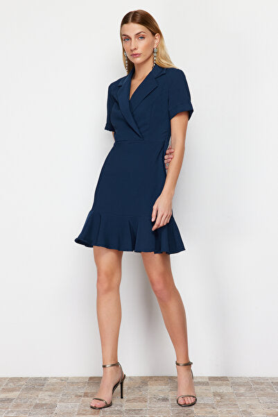 Petrol Blue Mini Dress with Jacket Collar & Flounce - Unique & Feminine