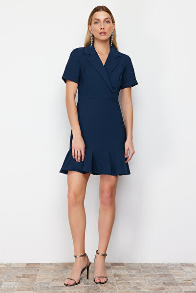Petrol Blue Mini Dress with Jacket Collar & Flounce - Unique & Feminine