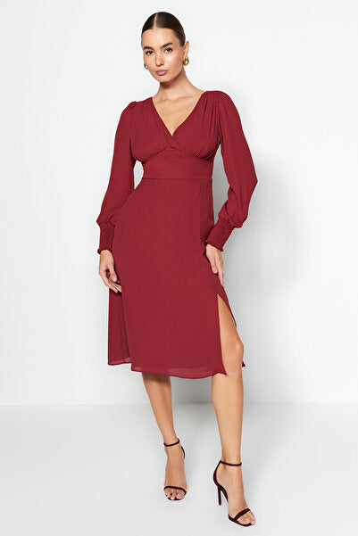 Burgundy Midi Dress with Detailed Bodice - Structured & Sexy