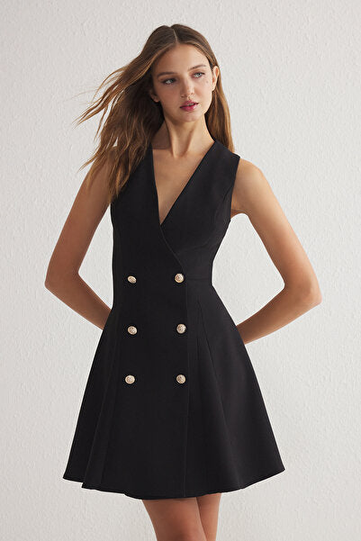 Black Button-Front Jacket Mini Dress - Polished Look