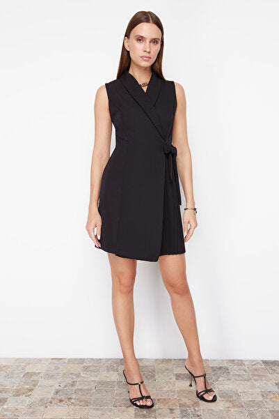 Black Double-Breasted Pleated Mini Dress - Textured & Chic