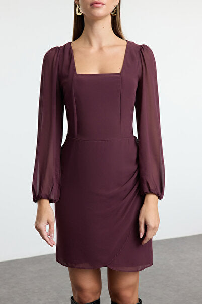 Brown Square Neck Mini Dress - Warm & Elegant