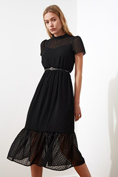 Black Belted A-Line Midi Dress - Classic & Flattering