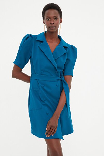 Petrol Blue Belted Jacket Dress - Unique & Structured