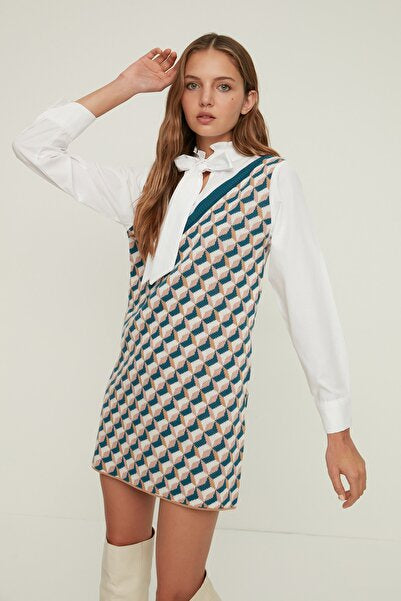 Navy Knit Mini Dress with Shirt Collar - Smart Casual