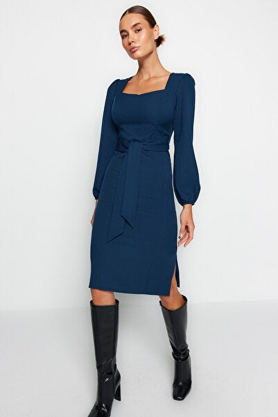 Petrol Blue Wrap Midi Dress with Belt - Flattering & Unique
