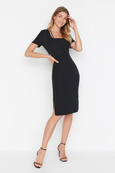 Black Square Neck Bodycon Midi Dress - Figure-Hugging & Chic