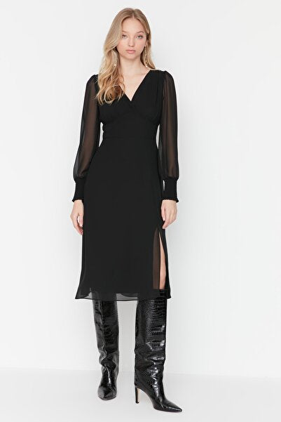 Black Midi Dress with Detailed Bodice - Structured & Elegant