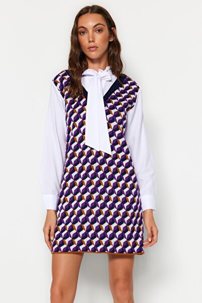 Purple Shirt-Collar Knit Mini Dress