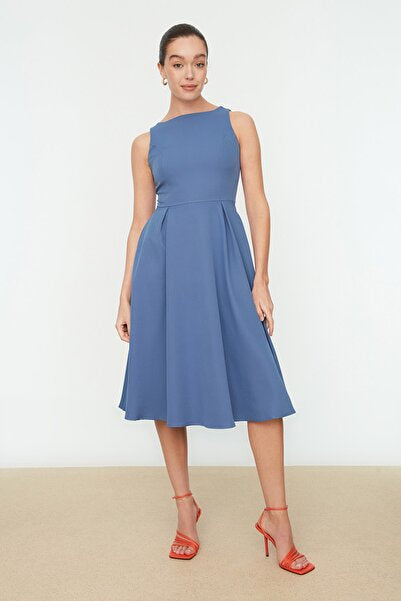 Indigo Pleated Midi Dress - Deep Blue & Flowy