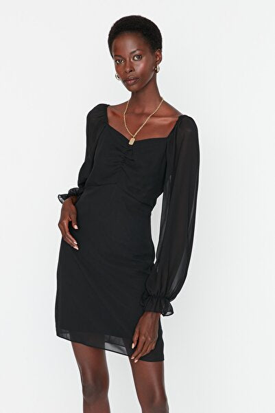 Black A-Line Mini Dress with Chiffon Sleeves - Ethereal & Elegant