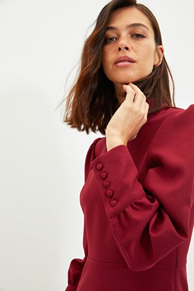 Burgundy High Collar A-Line Dress - Rich & Modest