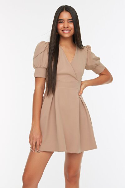 Camel Double-Breasted Skater Dress - Neutral & Flirty