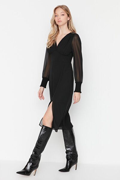Black Midi Dress with Detailed Bodice - Structured & Elegant