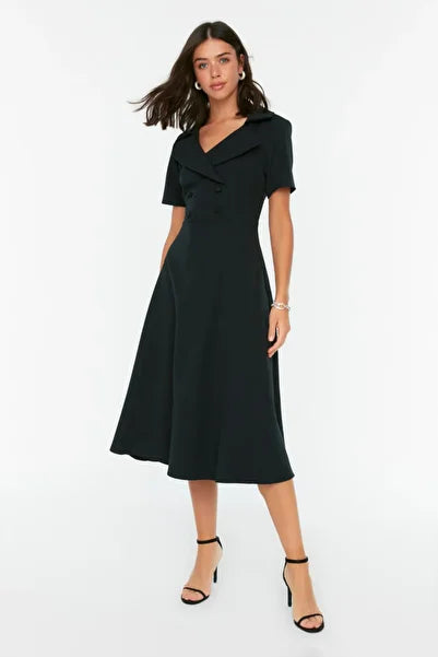 Black Skater Midi Dress with Button Detail - Flowy & Chic
