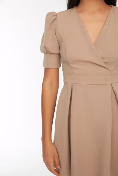 Camel Double-Breasted Skater Dress - Neutral & Flirty