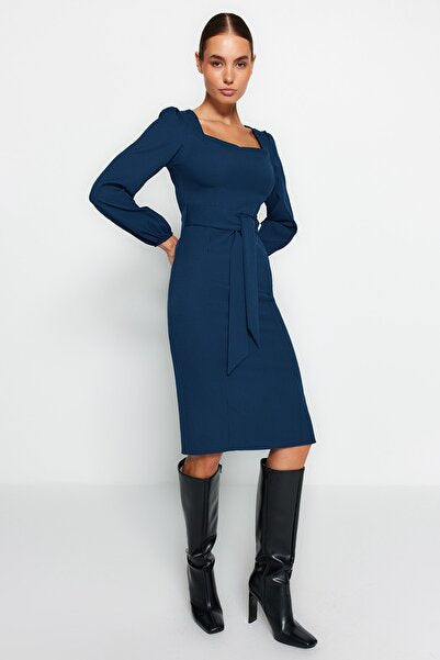 Petrol Blue Wrap Midi Dress with Belt - Flattering & Unique