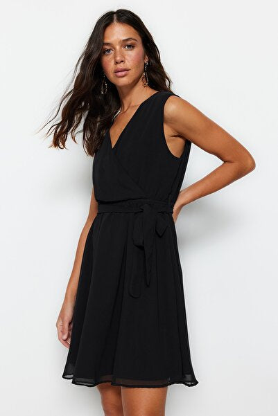 Black Belted V-Neck Mini Dress - Lined & Structured